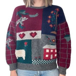 Vintage Womens Deans of Scotland Hand Knit Cottagecore Farm Scene Wool Sweater